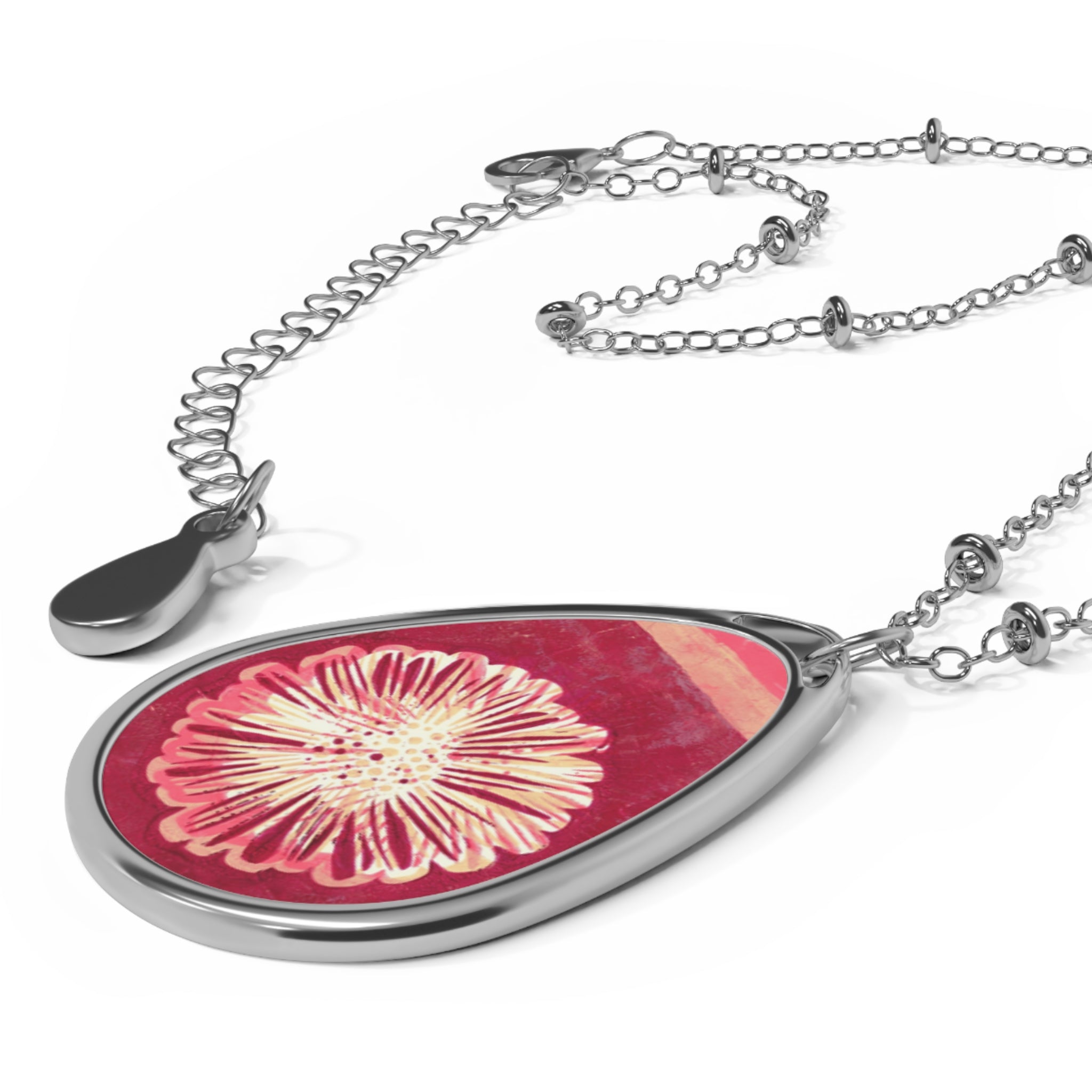 Oval Floral Pendant Necklace - Red Daisy Teardrop Locket