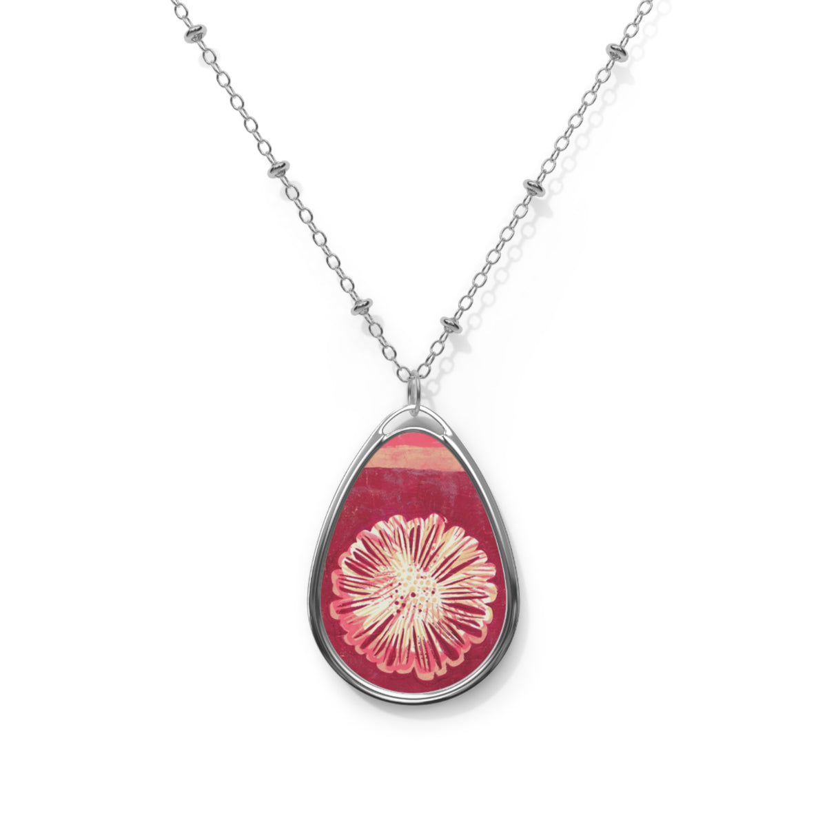 Oval Floral Pendant Necklace - Red Daisy Teardrop Locket
